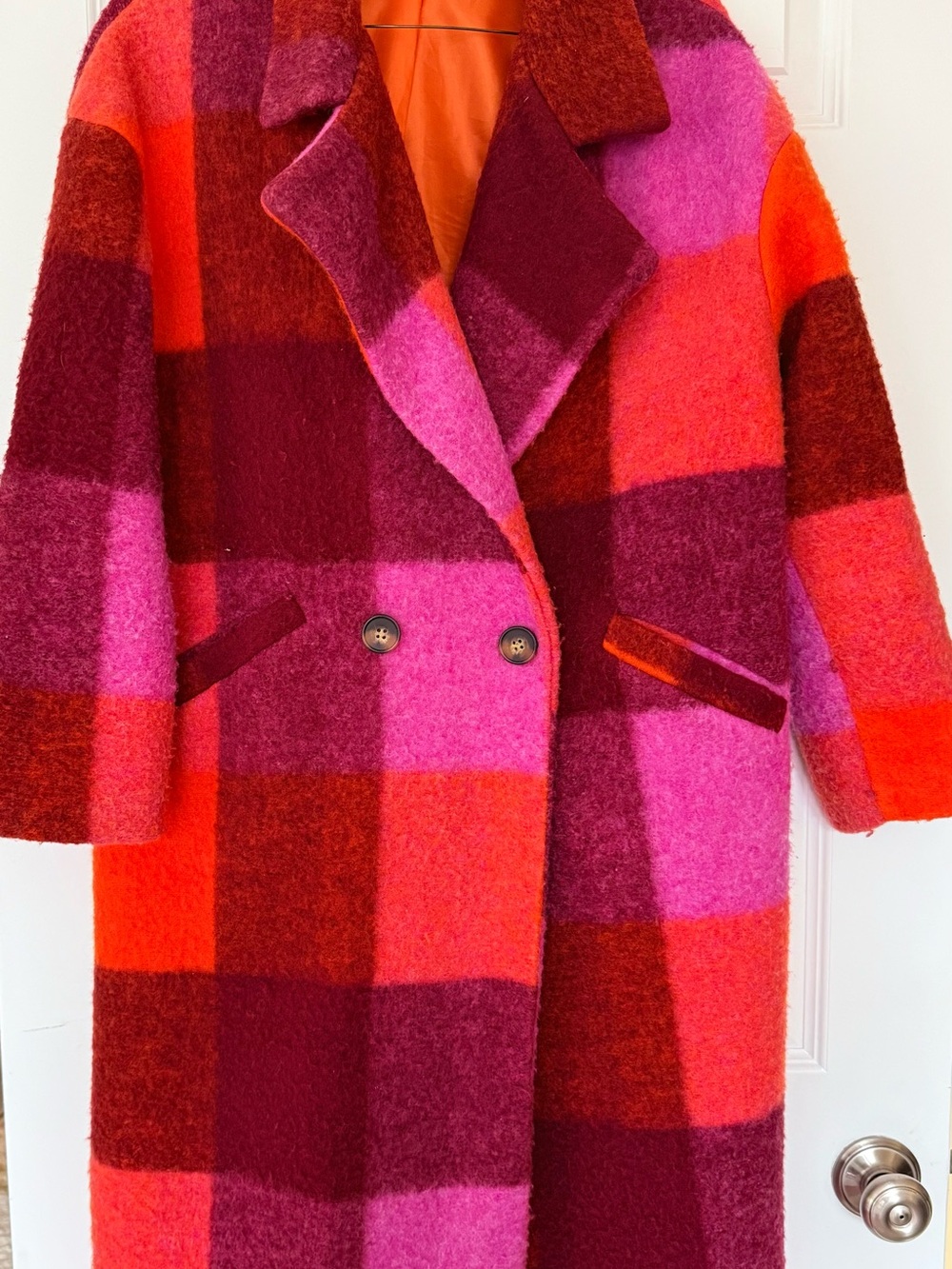Women's Colorblock Teddy Coat - Pink & Red Plaid